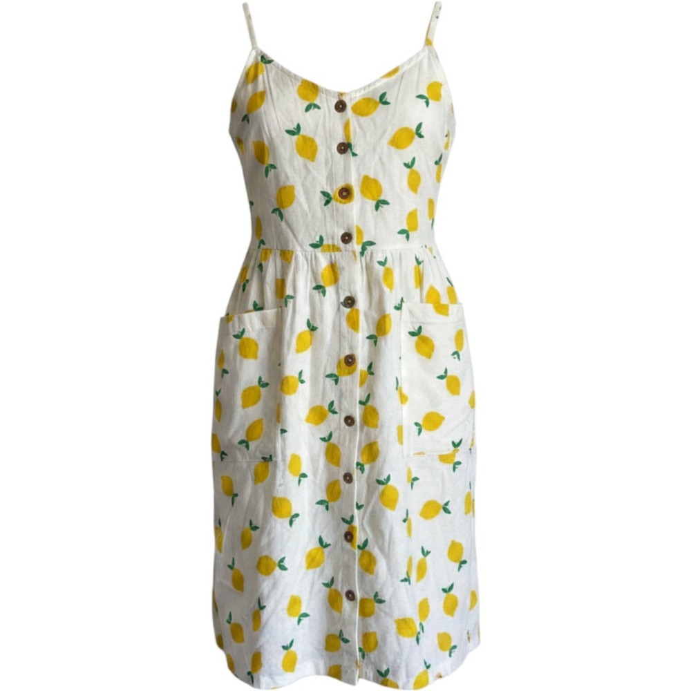 Hanna Andersson Lemon fruit Cotton Linen Button Front Midi Dress Pockets Medium